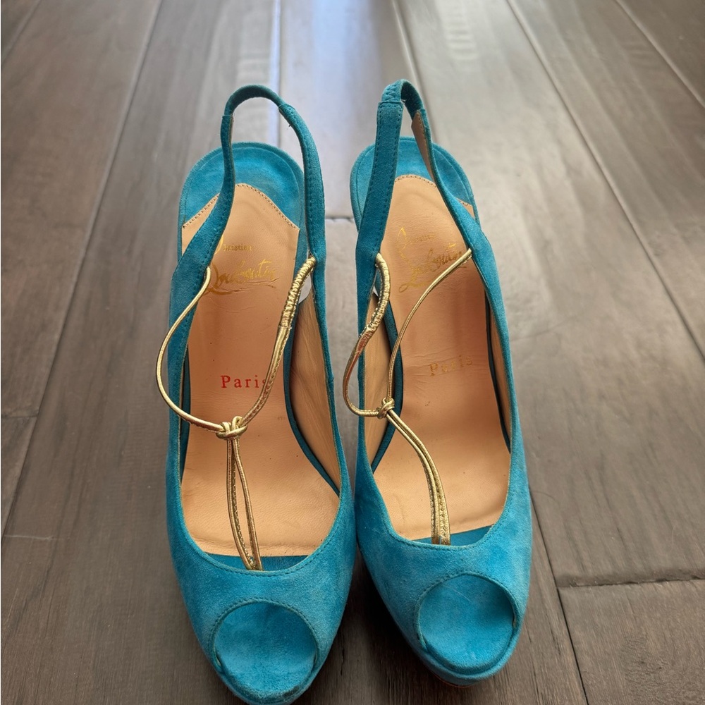 Christian Louboutin Turquoise Peep Toe Heels